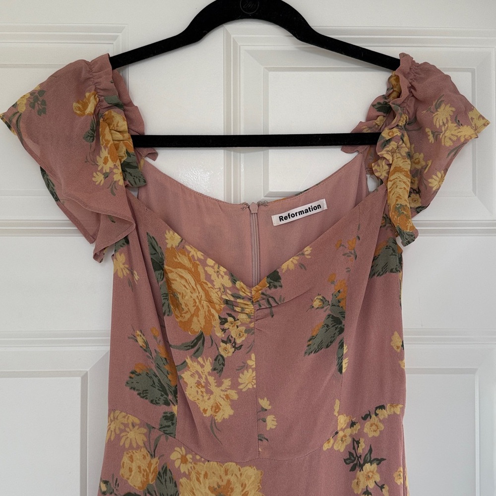 Reformation Pink Maxi Dress with Yellow Floral Design
